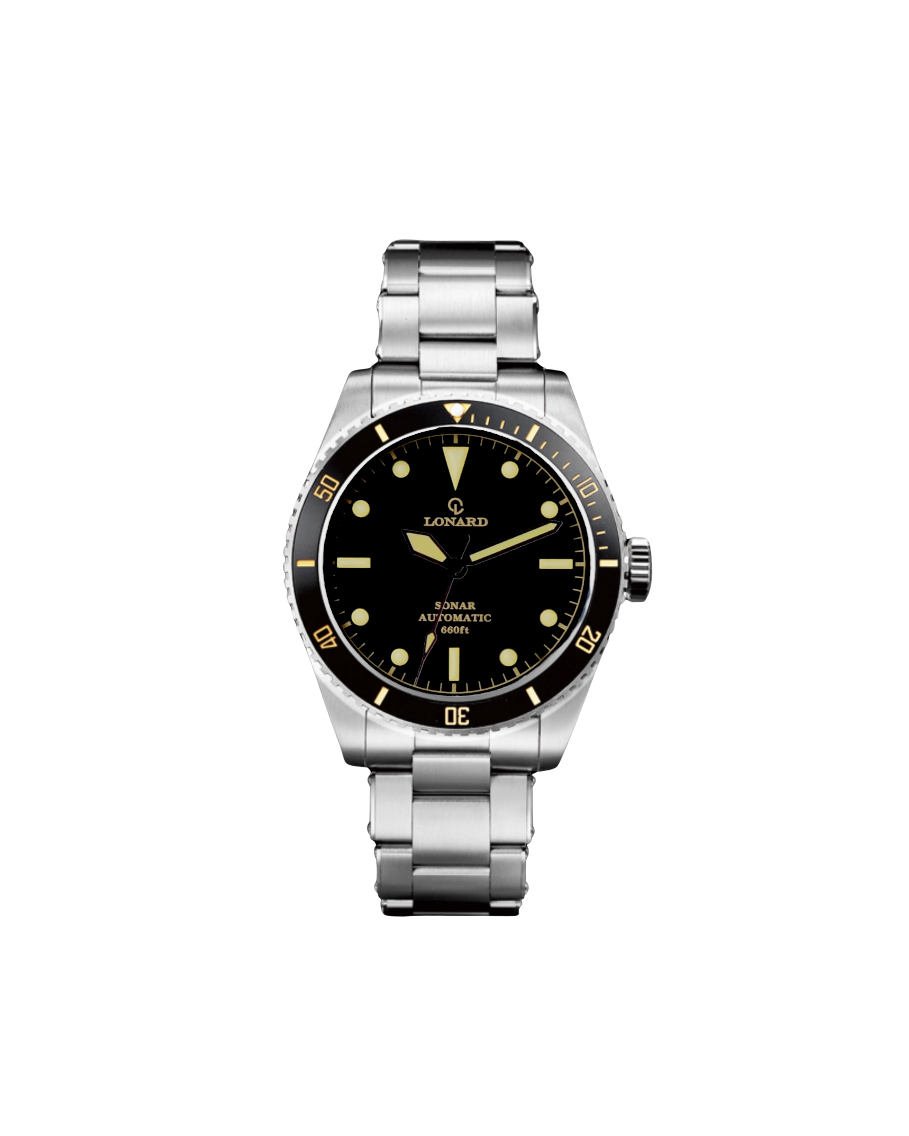Lonard Italian Sonar Automatic Watch with a stainless steel bracelet, black dial, and luminous markers.