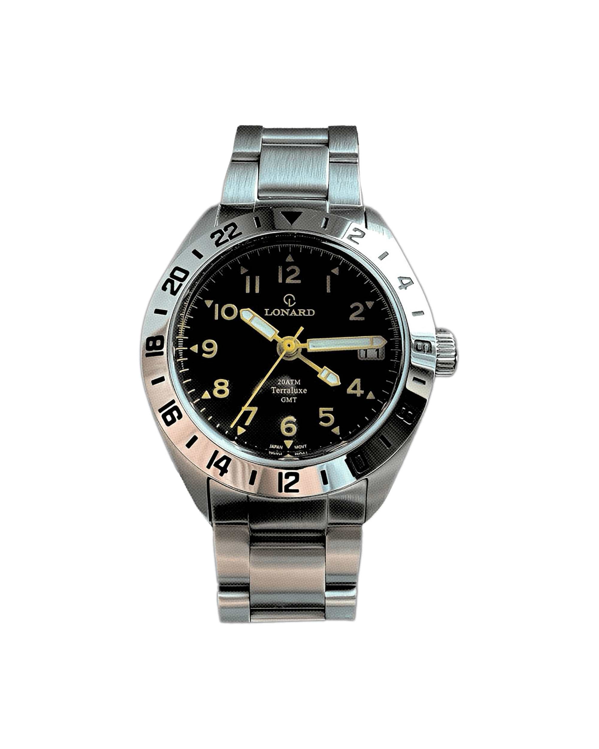 Lonard TerraLuxe Eclipse GMT stainless steel wristwatch with black dial, luminous hands and markers, date window, and 24-hour bezel.
