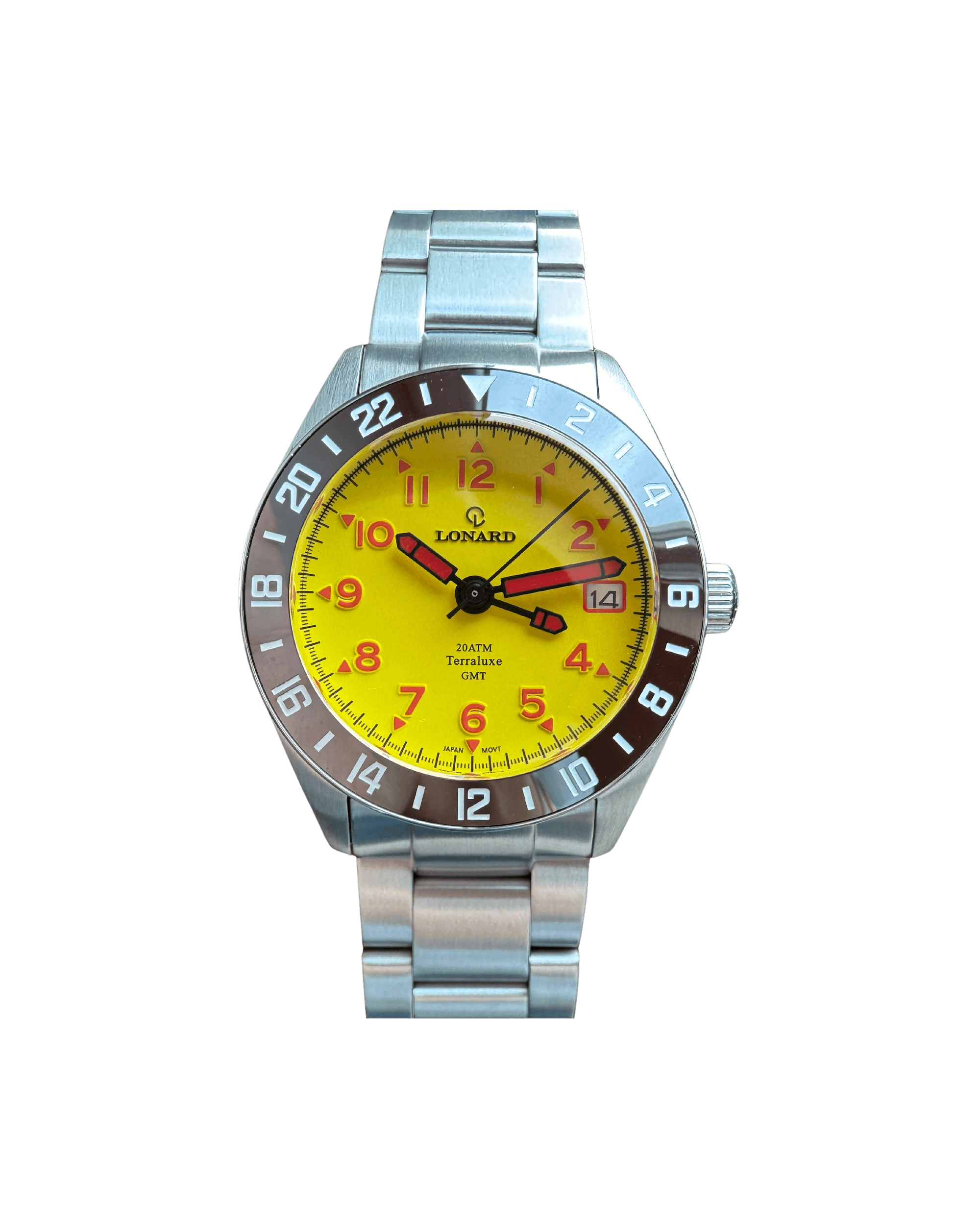 Lonard TerraLuxe Sunset GMT wristwatch with stainless steel bracelet, yellow dial, red hour markers and hands, 24-hour bezel, and date window.